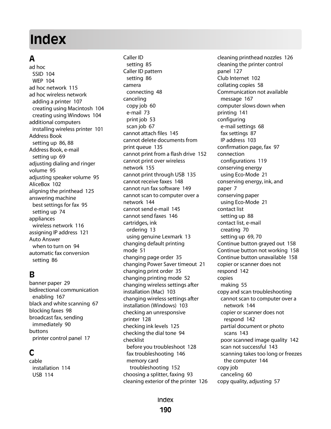 Lexmark S800 manual Index, 190 