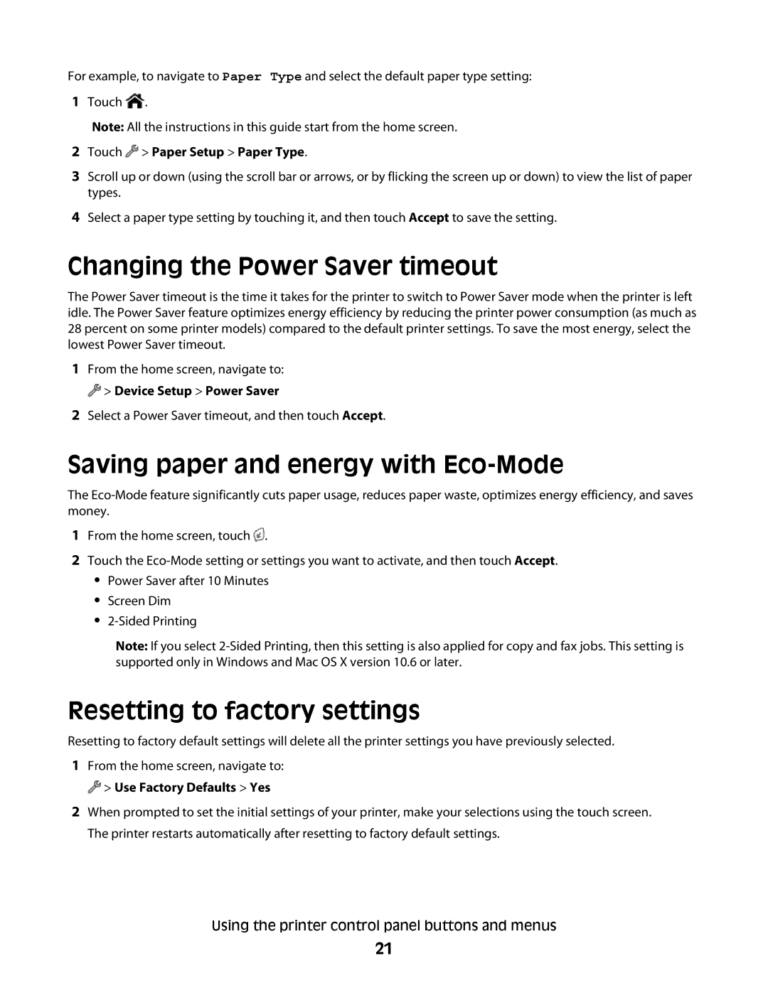 Lexmark S800 manual Changing the Power Saver timeout, Saving paper and energy with Eco-Mode, Resetting to factory settings 