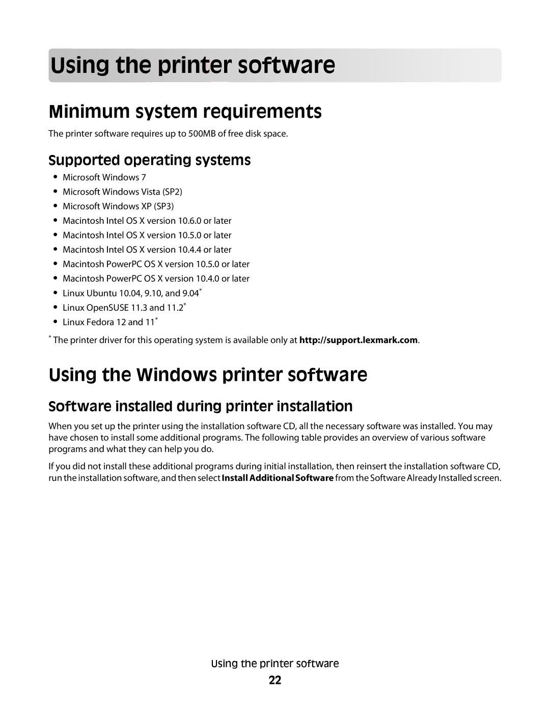 Lexmark S800 manual Using th e printe r so f t w are, Minimum system requirements, Using the Windows printer software 