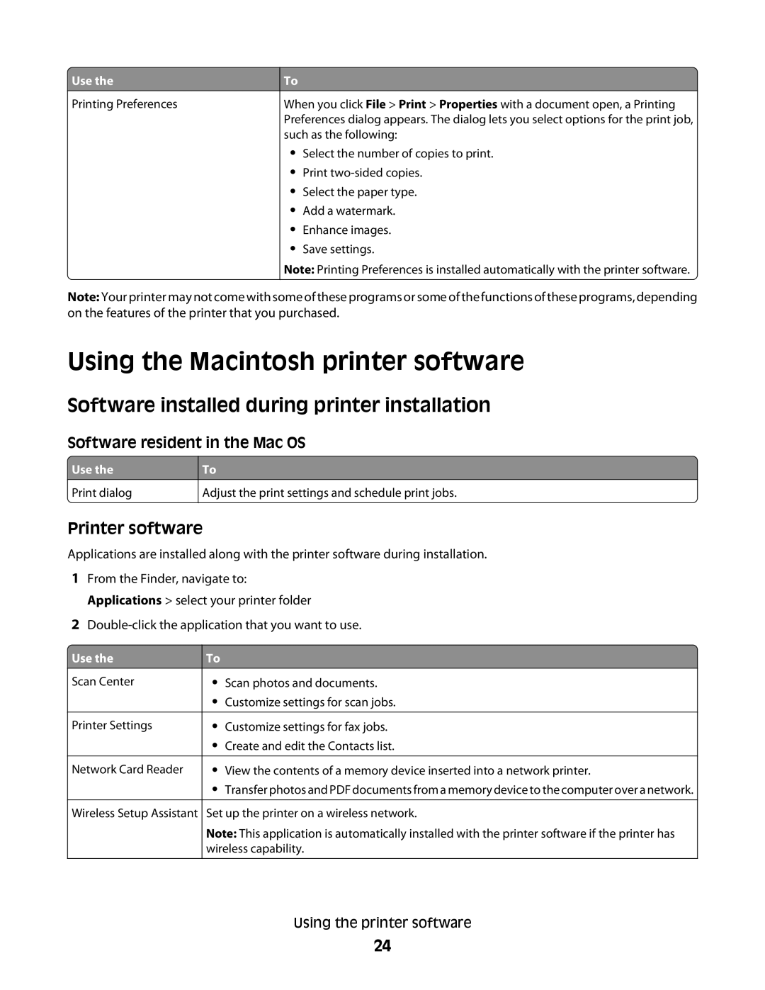 Lexmark S800 manual Using the Macintosh printer software, Printer software, Software resident in the Mac OS 