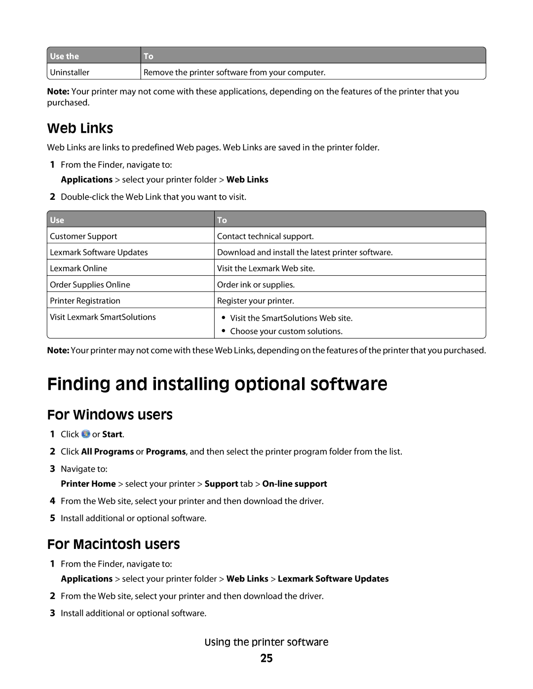 Lexmark S800 manual Finding and installing optional software, Web Links, For Windows users, For Macintosh users 