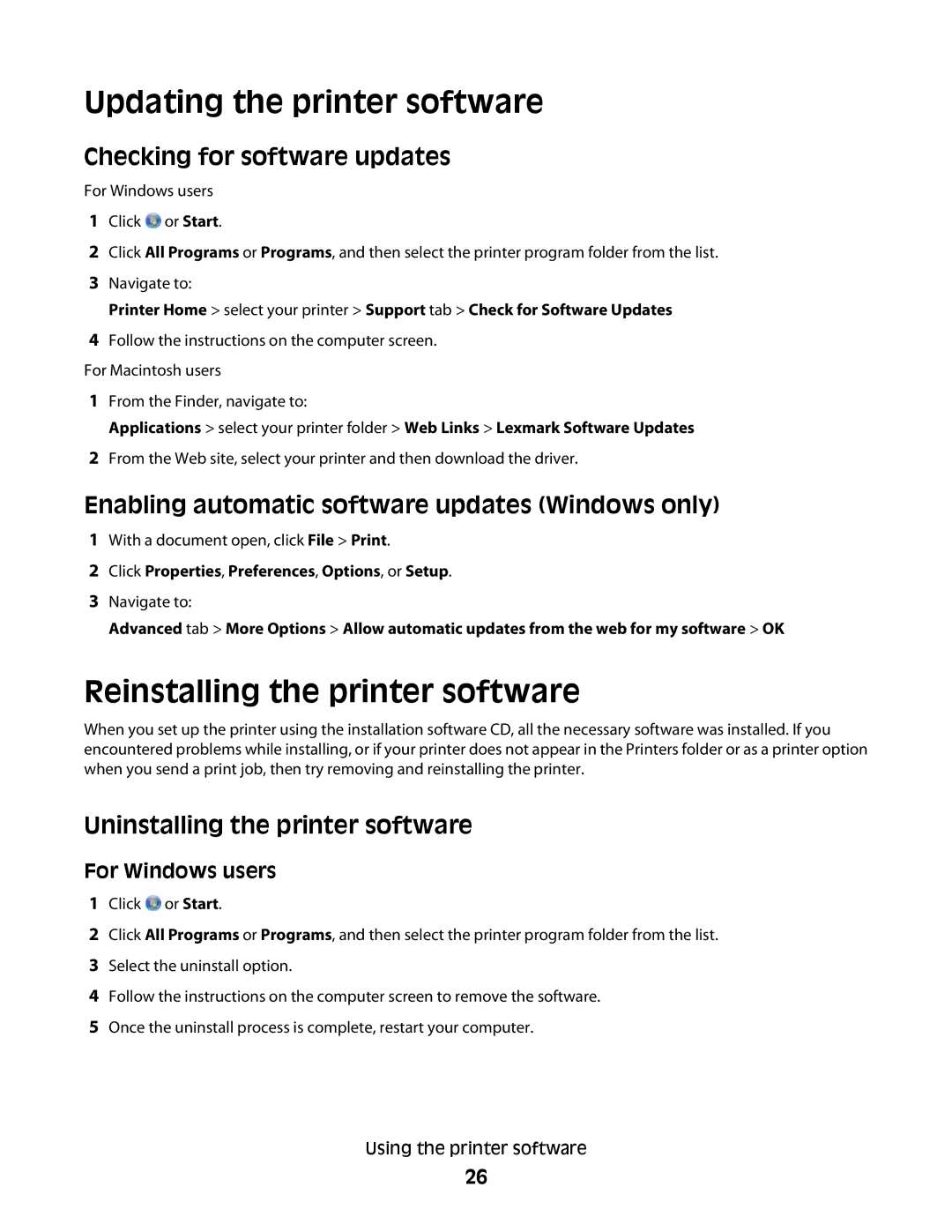 Lexmark S800 manual Updating the printer software, Reinstalling the printer software, Checking for software updates 