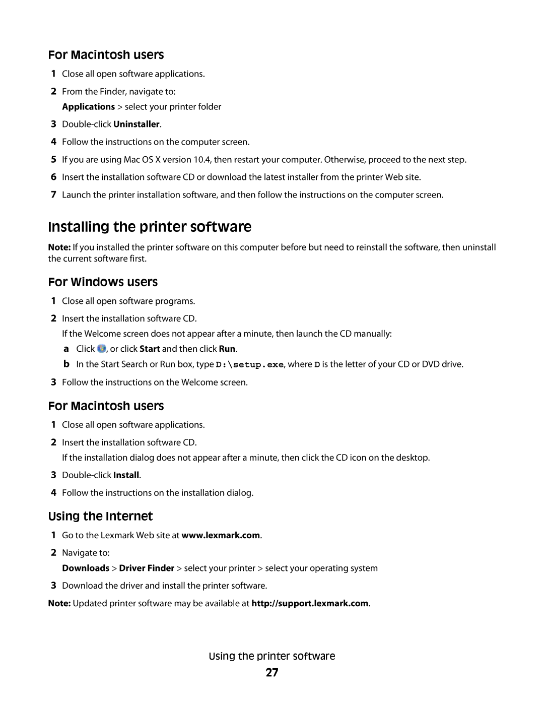 Lexmark S800 manual Installing the printer software, For Macintosh users, Using the Internet 