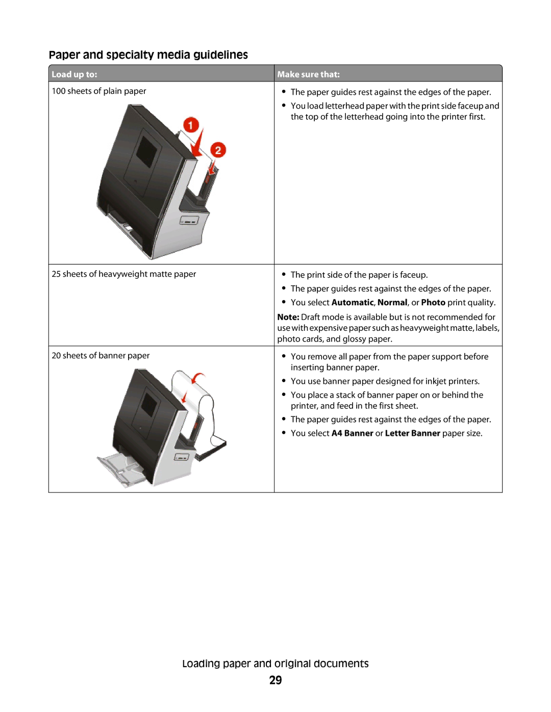 Lexmark S800 manual Paper and specialty media guidelines, Load up to, Make sure that 