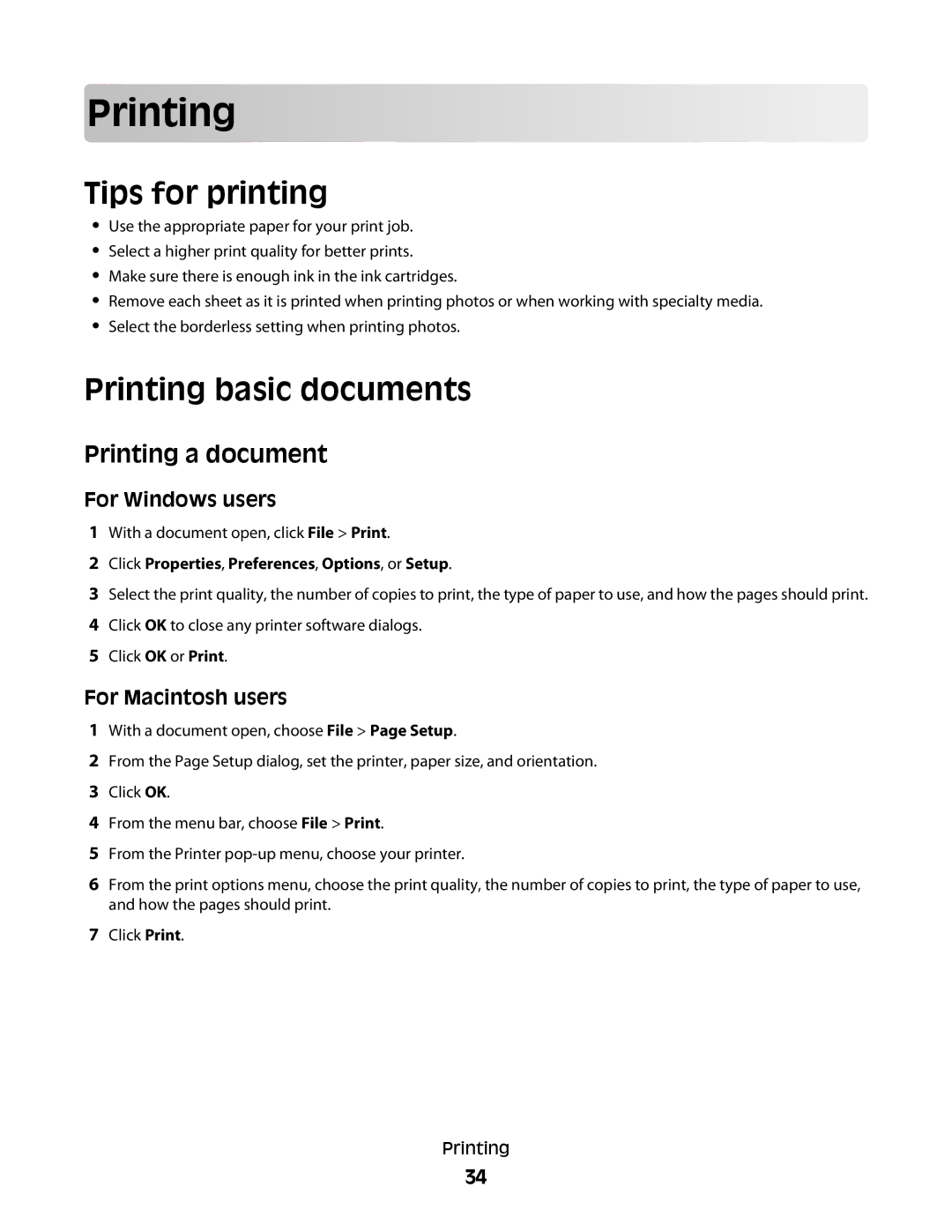 Lexmark S800 manual Prin ting, Tips for printing, Printing basic documents, Printing a document 