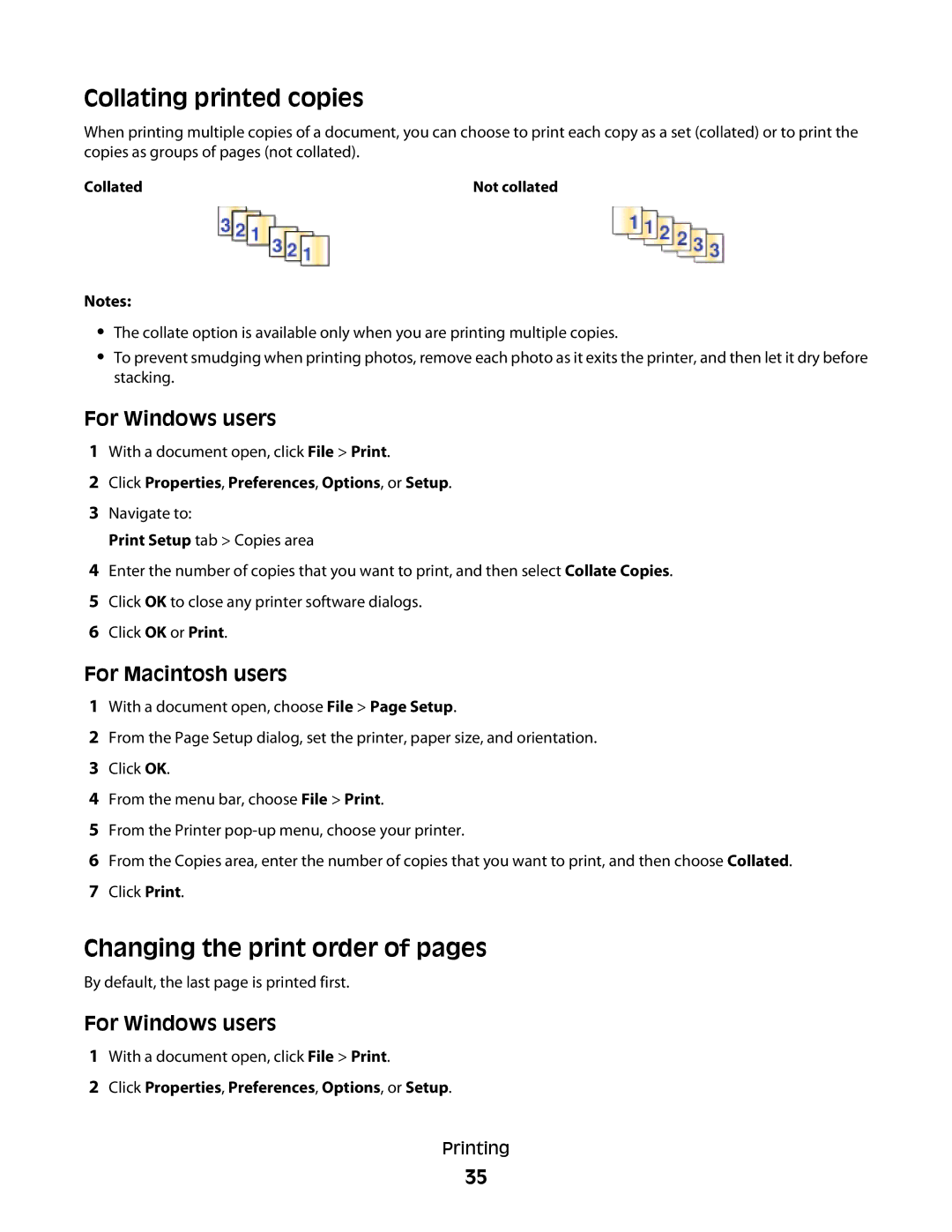 Lexmark S800 manual Collating printed copies, Changing the print order of pages 