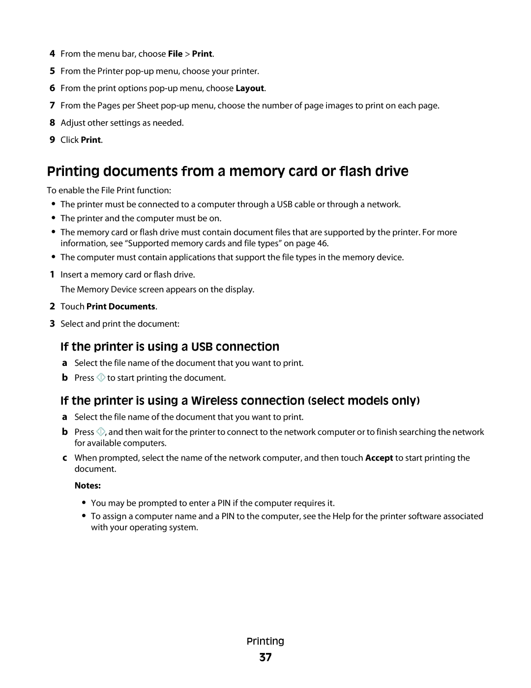 Lexmark S800 manual Printing documents from a memory card or flash drive, If the printer is using a USB connection 