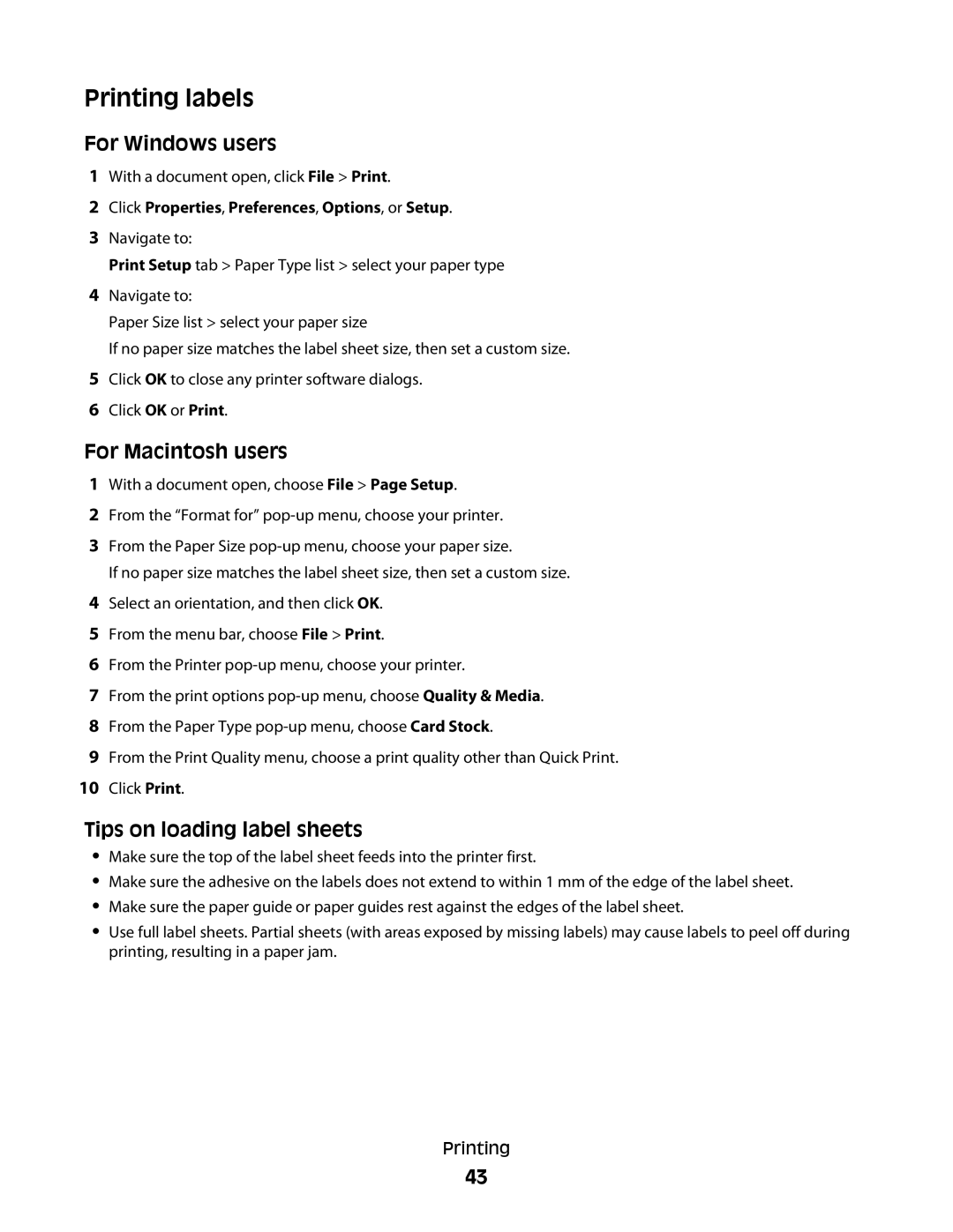 Lexmark S800 manual Printing labels, Tips on loading label sheets 