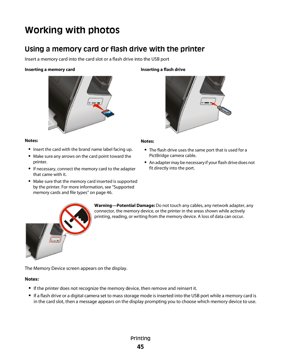 Lexmark S800 manual Working with photos, Using a memory card or flash drive with the printer 