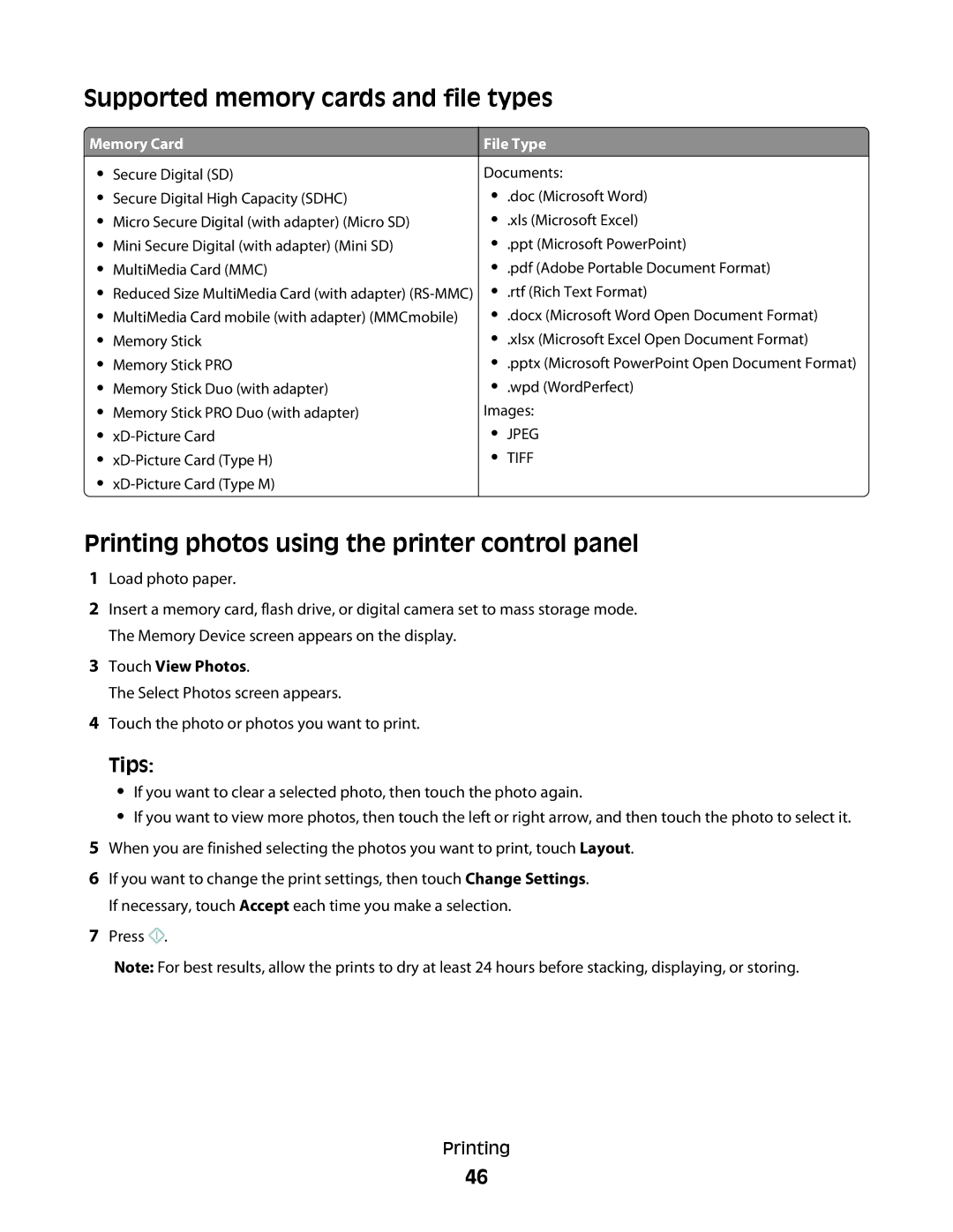 Lexmark S800 manual Supported memory cards and file types, Printing photos using the printer control panel, Tips 