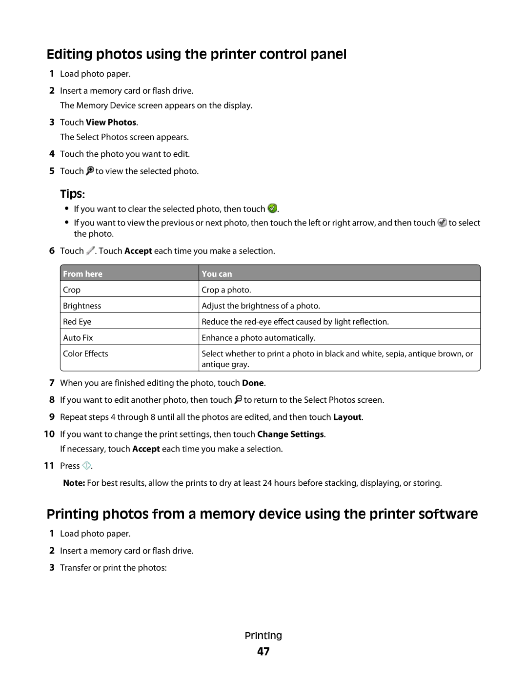 Lexmark S800 manual Editing photos using the printer control panel, From here, You can 