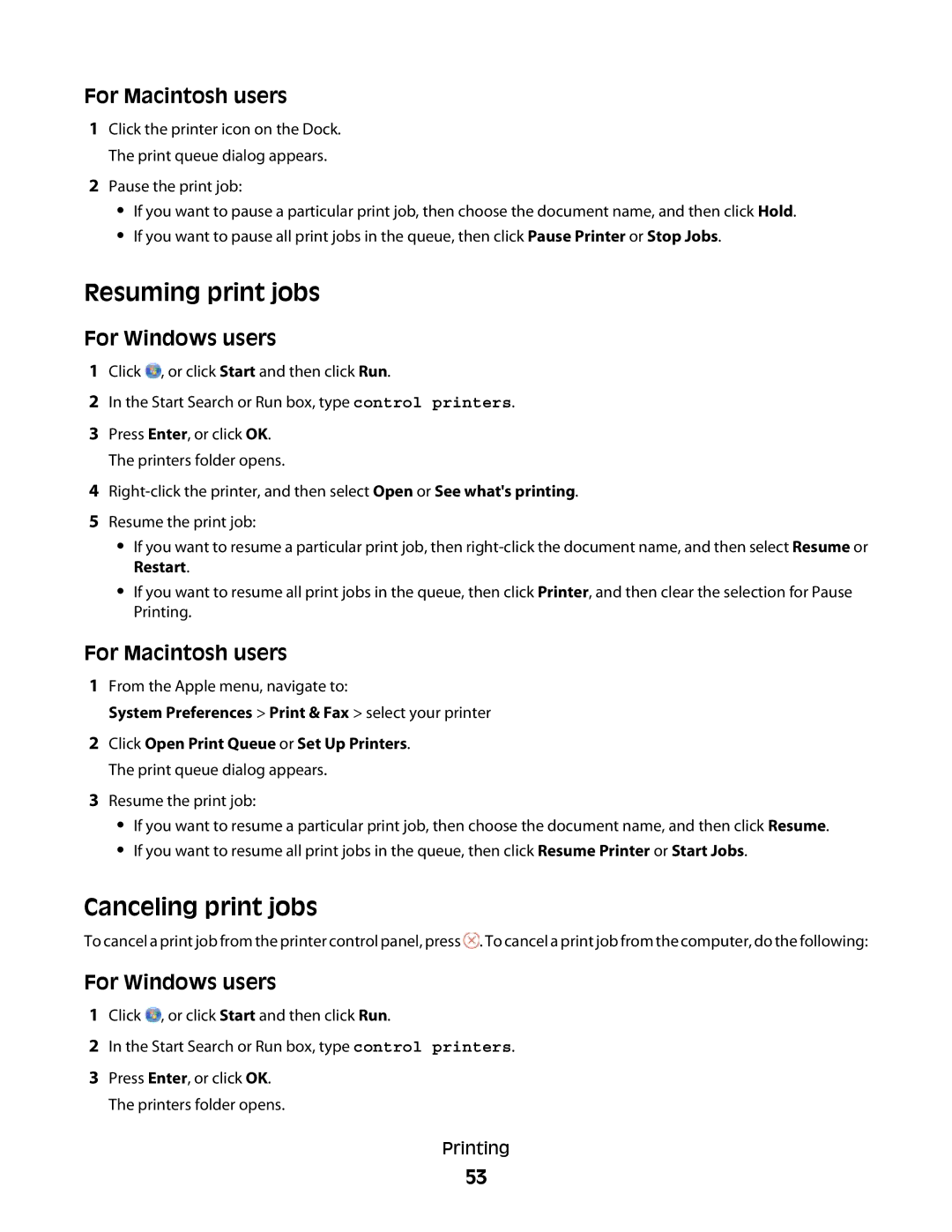 Lexmark S800 manual Resuming print jobs, Canceling print jobs 