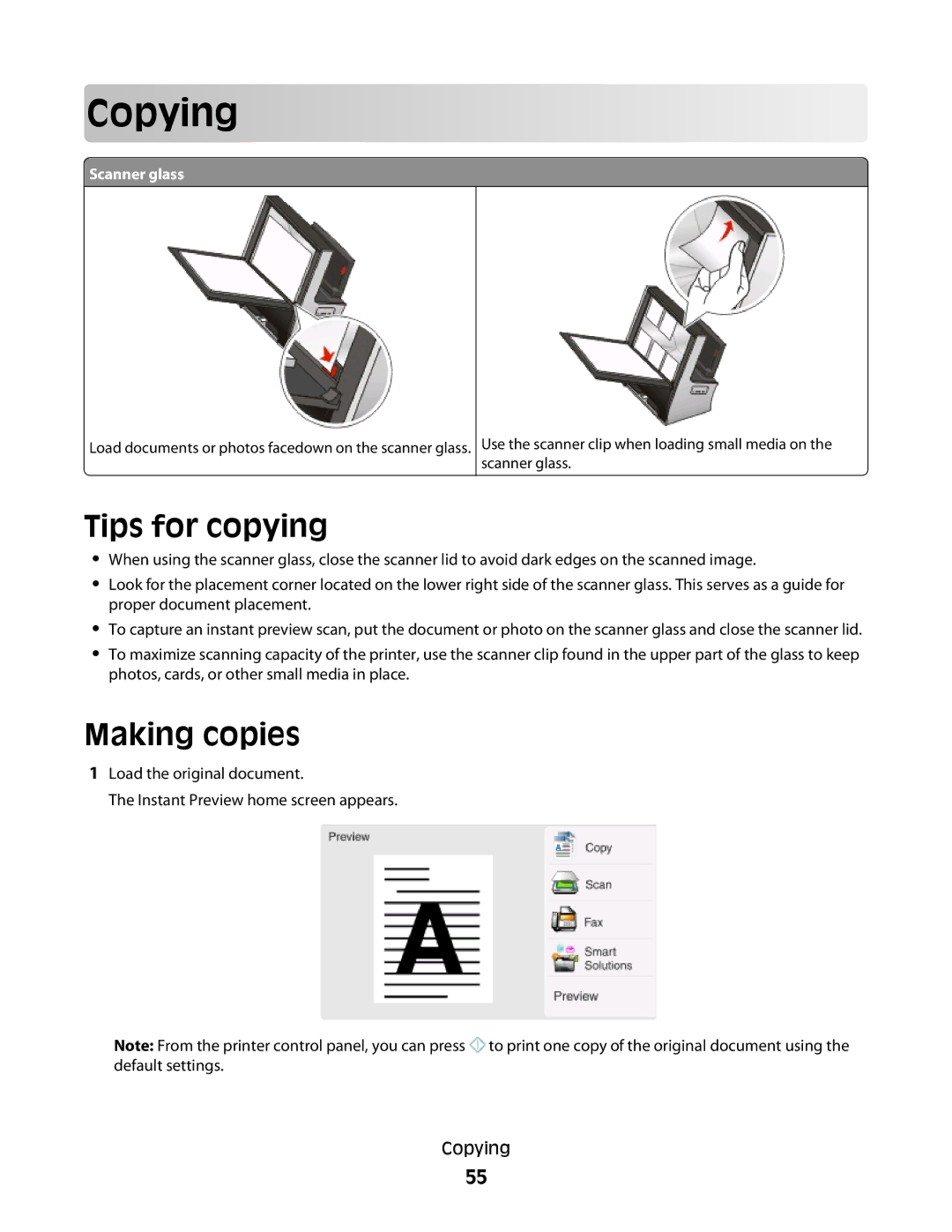 Lexmark S800 manual Cop ying, Tips for copying, Making copies, Scanner glass 