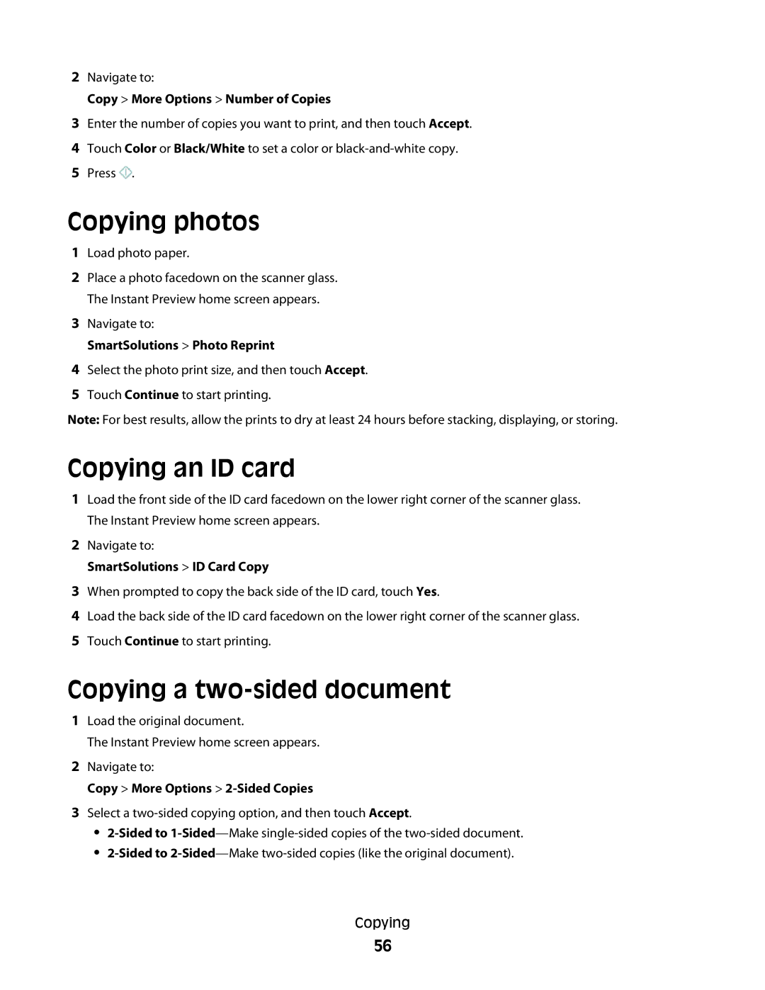 Lexmark S800 manual Copying photos, Copying an ID card, Copying a two-sided document 