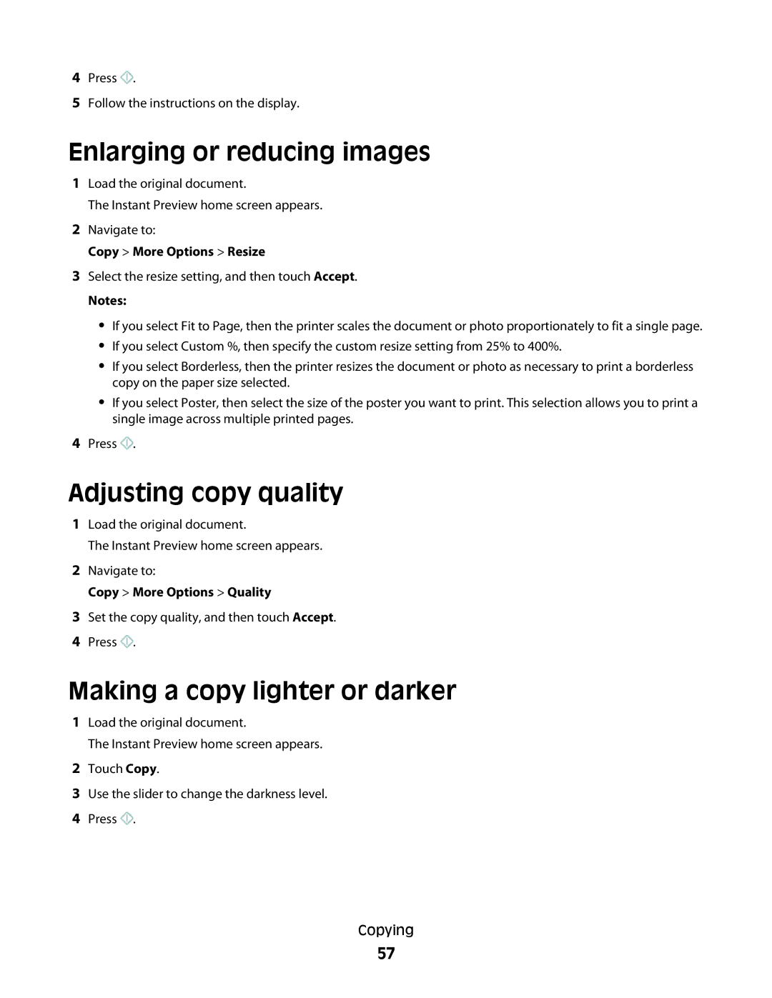 Lexmark S800 manual Enlarging or reducing images, Adjusting copy quality, Making a copy lighter or darker 