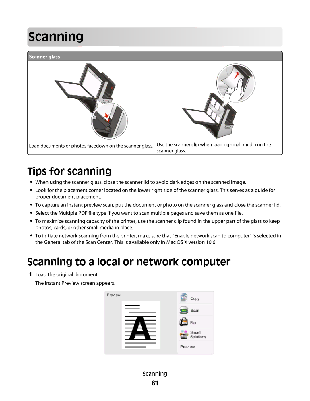 Lexmark S800 manual Scan ning, Tips for scanning, Scanning to a local or network computer 