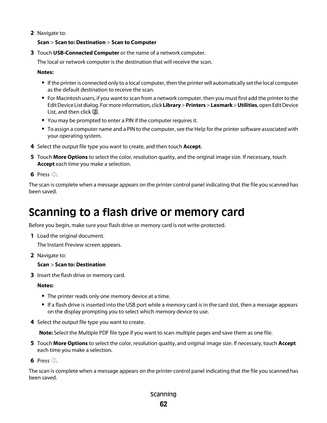 Lexmark S800 manual Scanning to a flash drive or memory card, Scan Scan to Destination Scan to Computer 