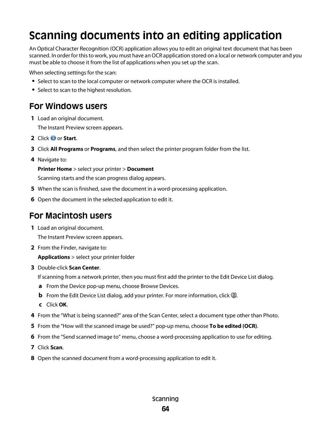 Lexmark S800 manual Scanning documents into an editing application 