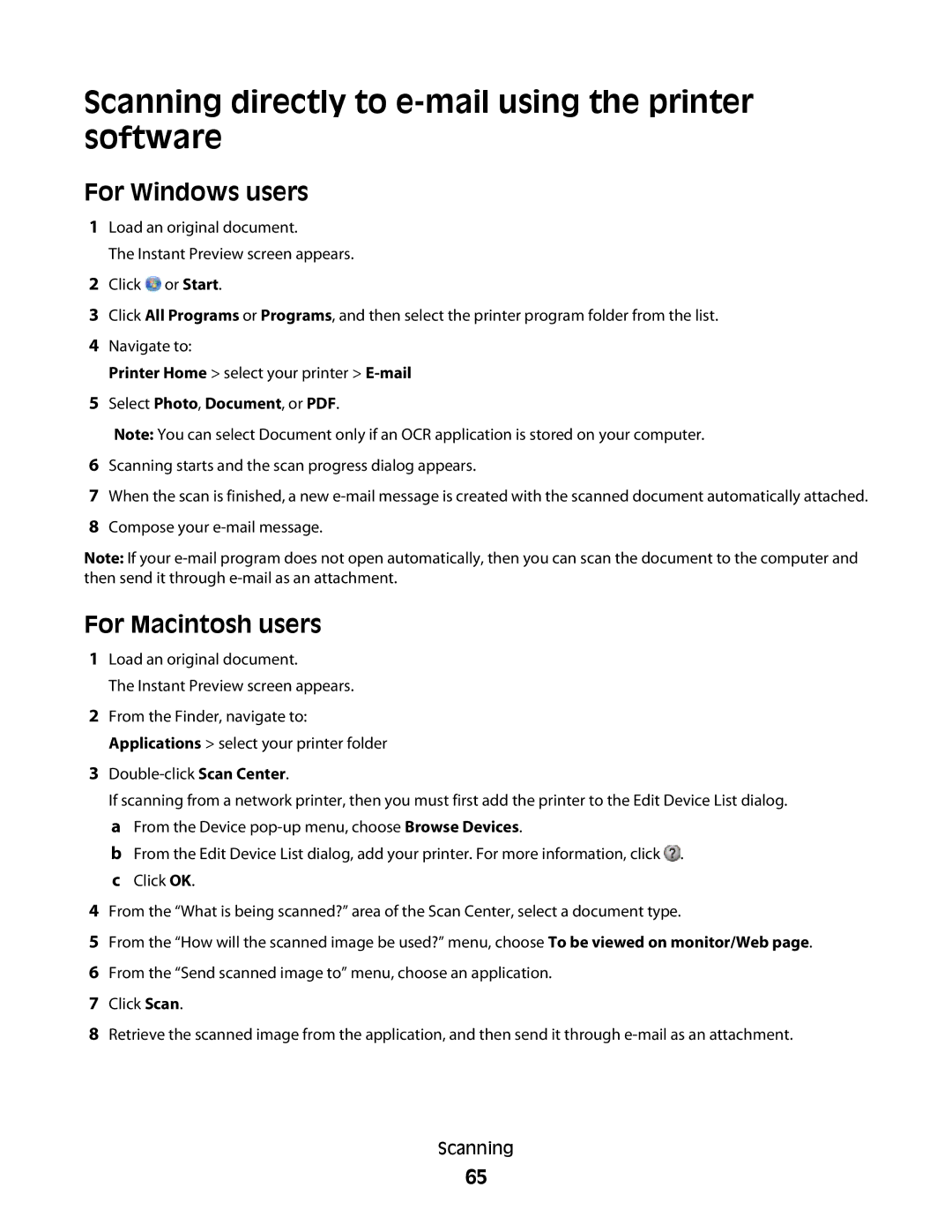 Lexmark S800 manual Scanning directly to e-mail using the printer software 