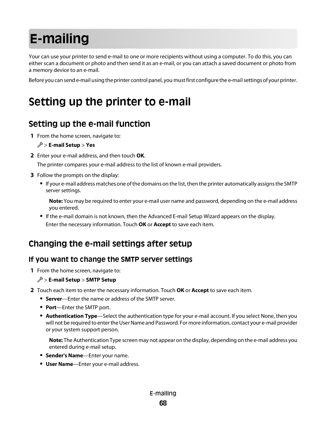 Lexmark S800 manual Mailing, Setting up the printer to e-mail, Setting up the e-mail function 
