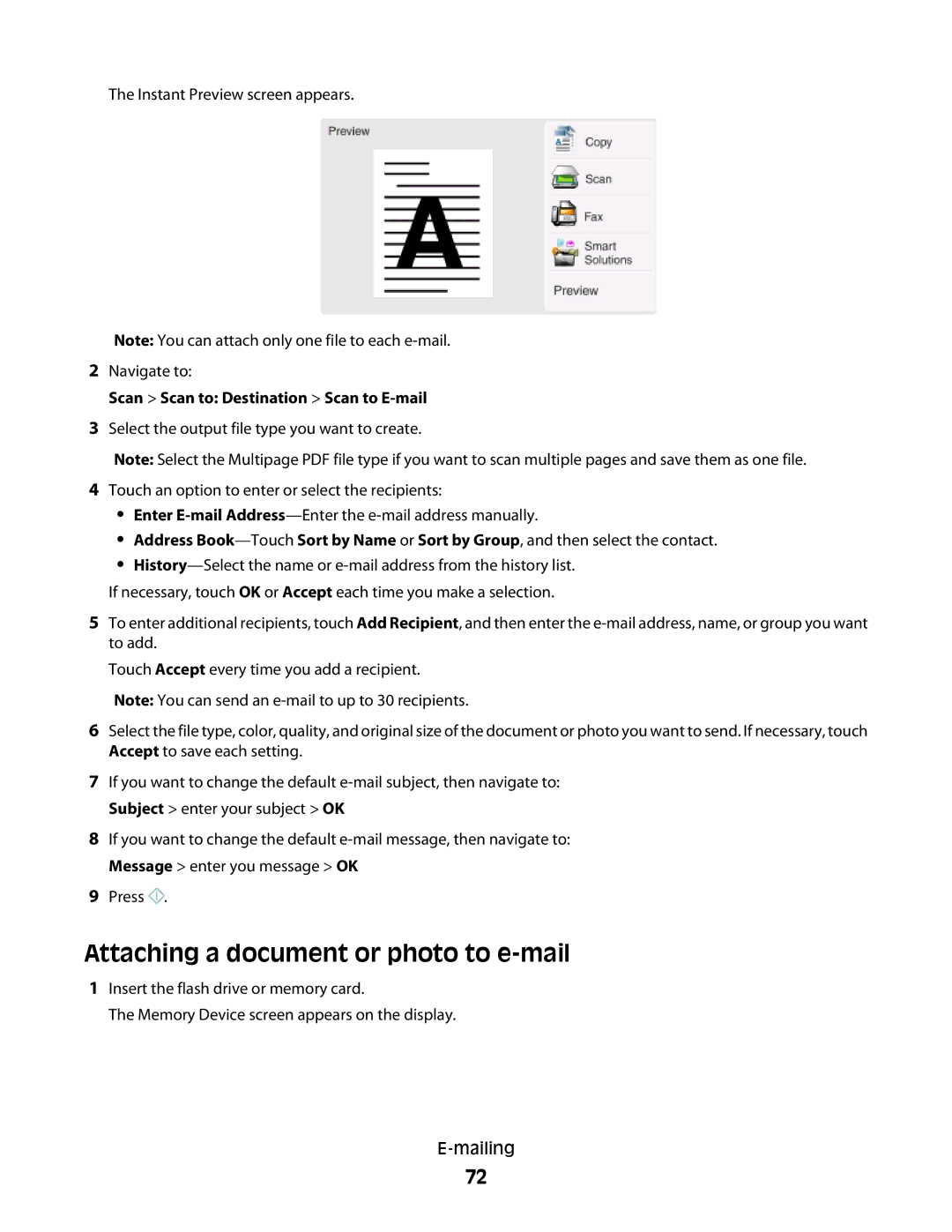 Lexmark S800 manual Attaching a document or photo to e-mail, Scan Scan to Destination Scan to E-mail 