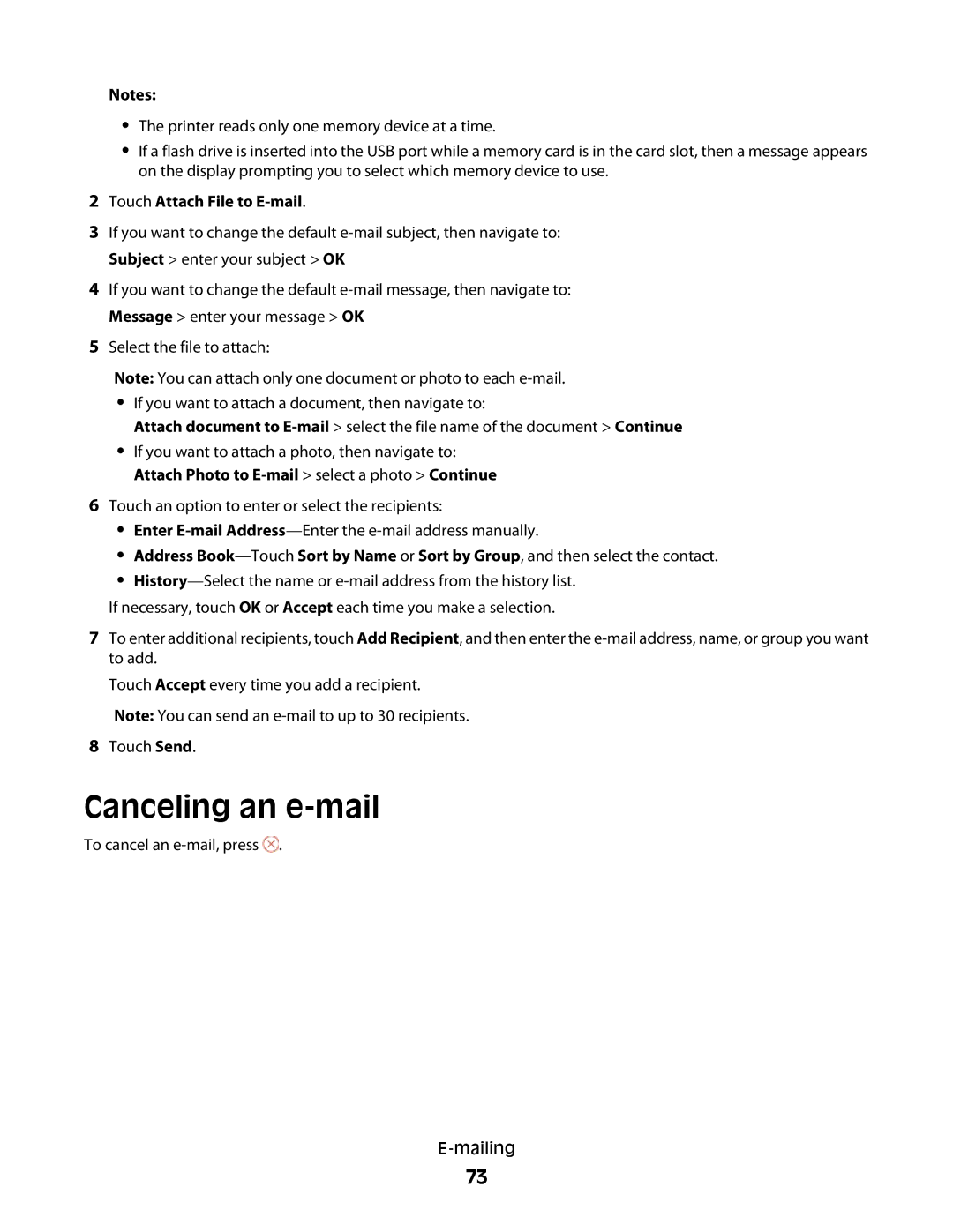 Lexmark S800 manual Canceling an e-mail, Touch Attach File to E-mail 