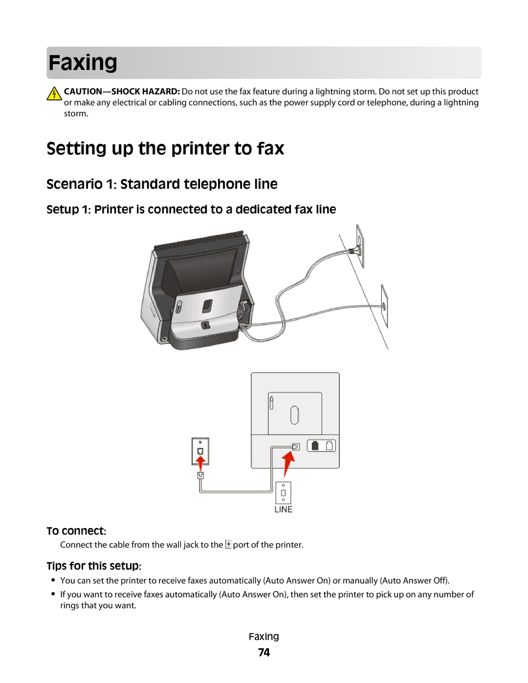 Lexmark S800 manual Faxing, Setting up the printer to fax, Scenario 1 Standard telephone line 