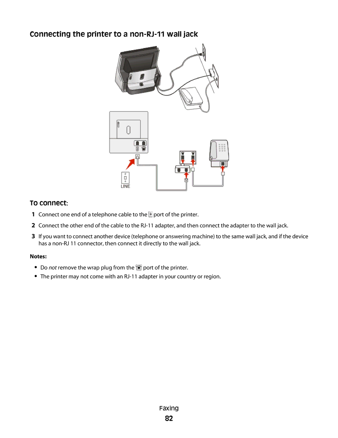 Lexmark S800 manual Connecting the printer to a non-RJ-11 wall jack 