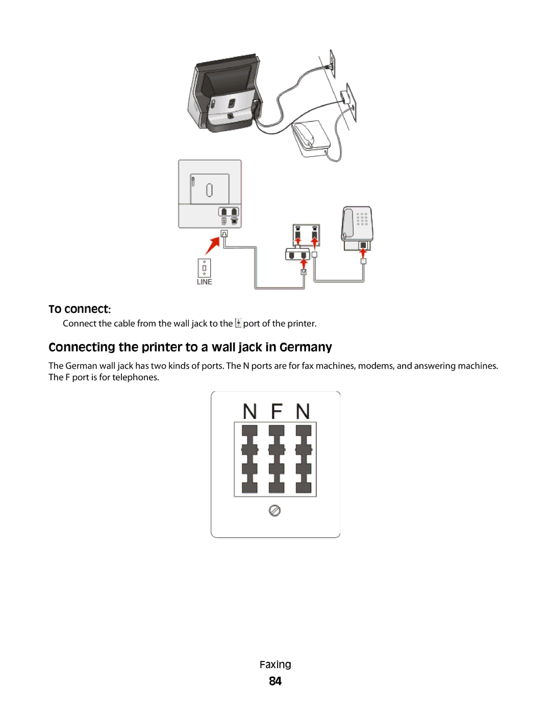 Lexmark S800 manual Connecting the printer to a wall jack in Germany 