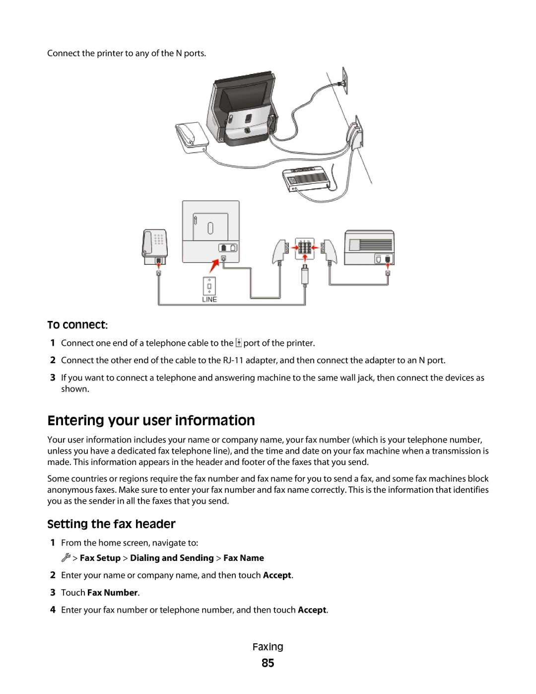 Lexmark S800 manual Entering your user information, Setting the fax header, Fax Setup Dialing and Sending Fax Name 