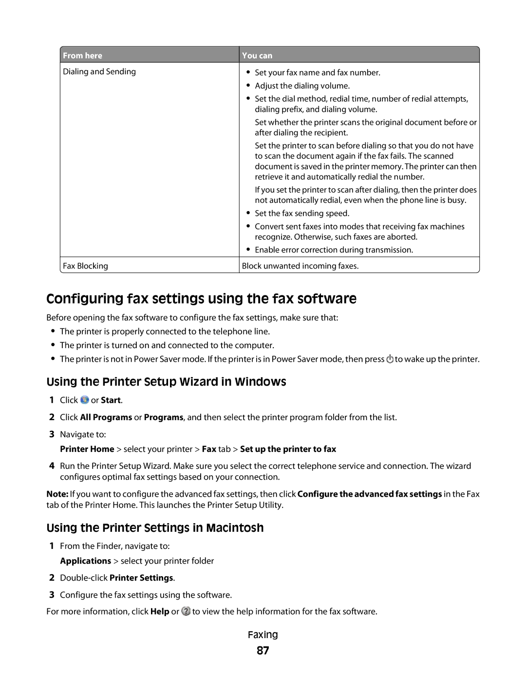 Lexmark S800 Configuring fax settings using the fax software, Using the Printer Setup Wizard in Windows, From here You can 