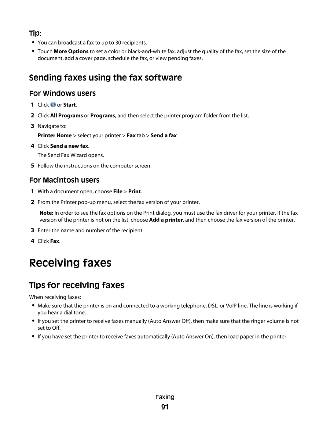 Lexmark S800 manual Receiving faxes, Sending faxes using the fax software, Tips for receiving faxes, Click Send a new fax 