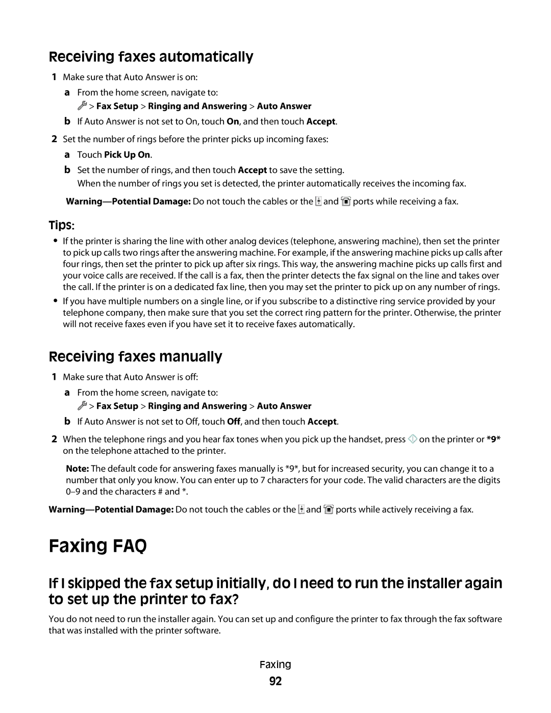 Lexmark S800 Faxing FAQ, Receiving faxes automatically, Receiving faxes manually, Touch Pick Up On 