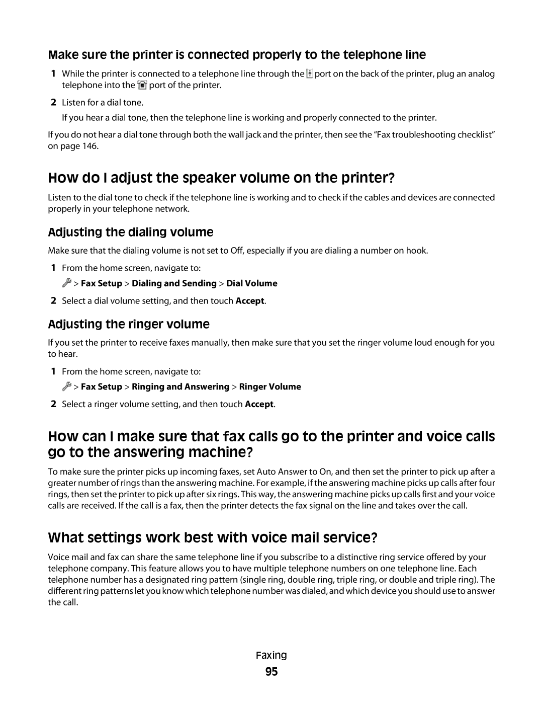 Lexmark S800 manual How do I adjust the speaker volume on the printer?, What settings work best with voice mail service? 