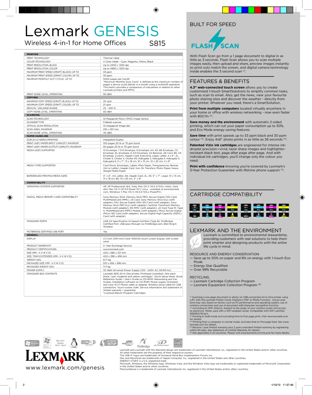 Lexmark S815 Features & Benefits, Cartridge Compatibility Lexmark and the Environment, Resource and Energy Conservation 