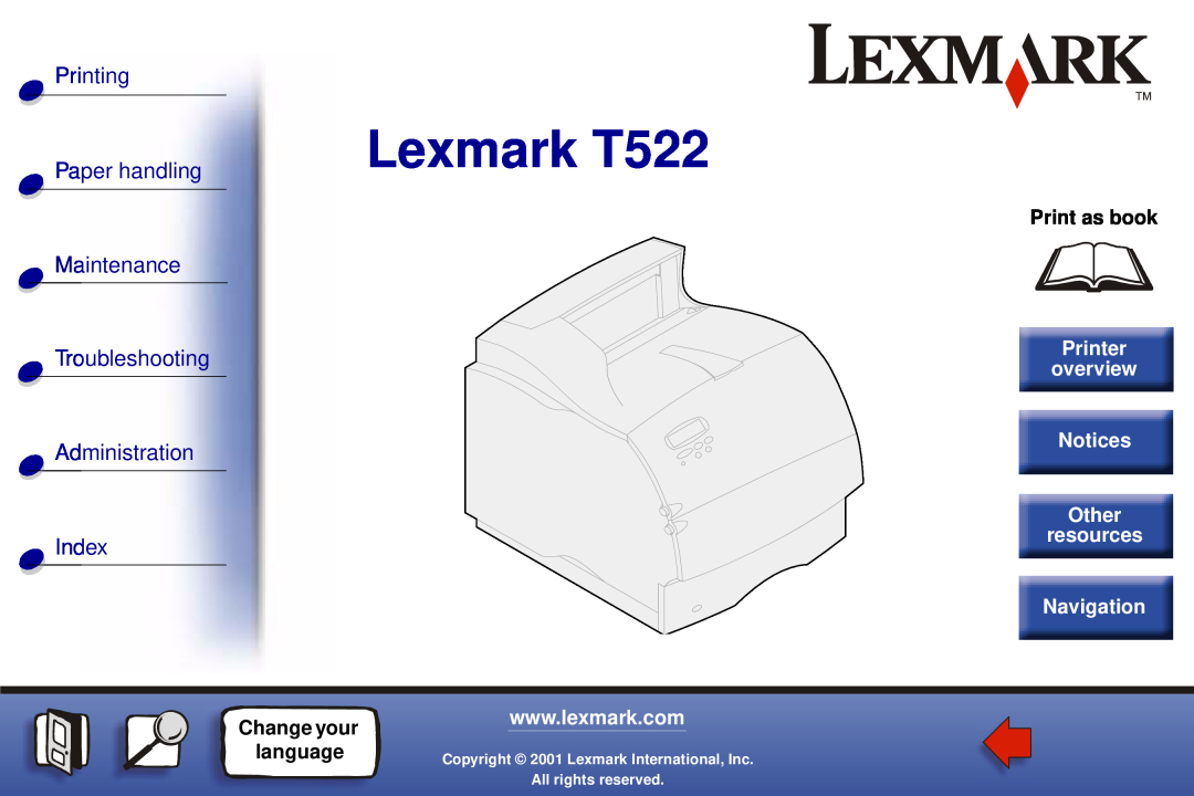 Lexmark T520 manual Lexmark T522, Printing Paper handling Maintenance, Troubleshooting Administration Index, Print as book 