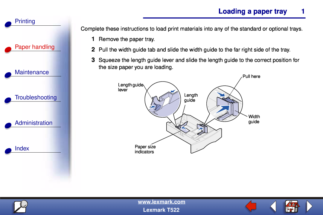 Lexmark T522 manual Loading a paper tray, Printing, Paper handling, Maintenance Troubleshooting Administration Index 