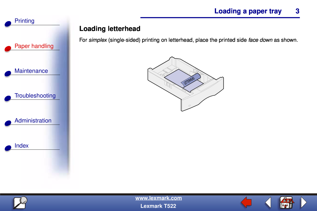 Lexmark manual Loading a paper tray, Loading letterhead, Printing, Paper handling, Lexmark T522 