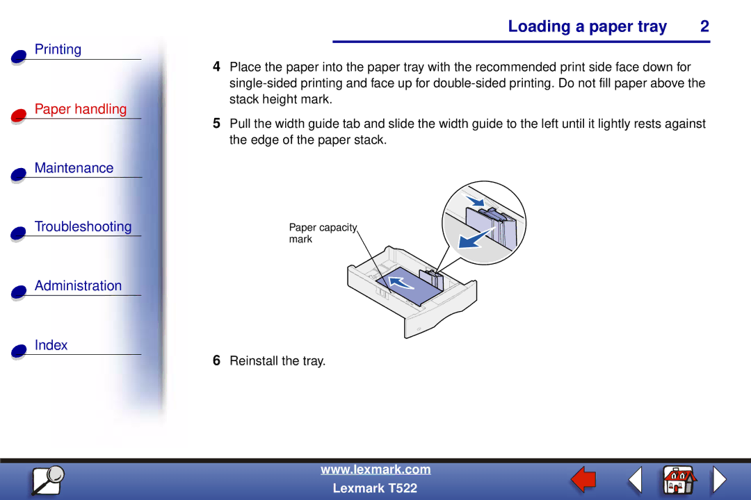 Lexmark T522 manual Reinstall the tray 