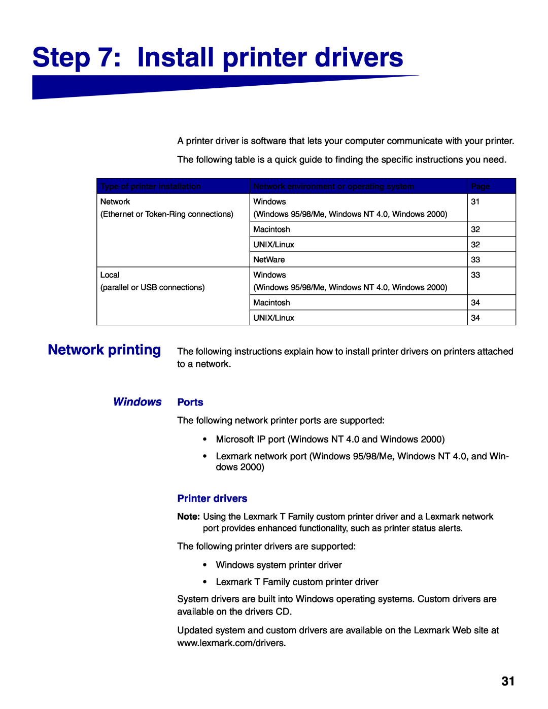 Lexmark T622, T620 setup guide Install printer drivers, Printer drivers, Windows Ports 