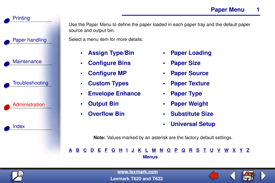 Lexmark T622, T620 manual Paper Menu 