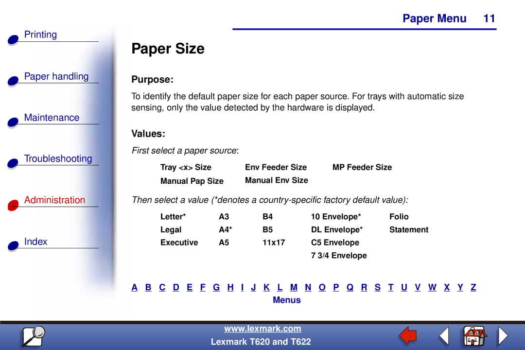 Lexmark T622, T620 manual Paper Size, Tray x Size Env Feeder Size, Manual Pap Size Manual Env Size 