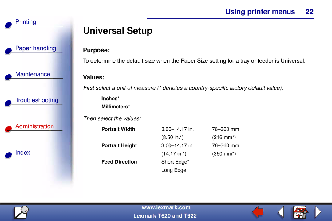 Lexmark T620, T622 manual Universal Setup, Inches Millimeters, Portrait Width, Portrait Height, Feed Direction 