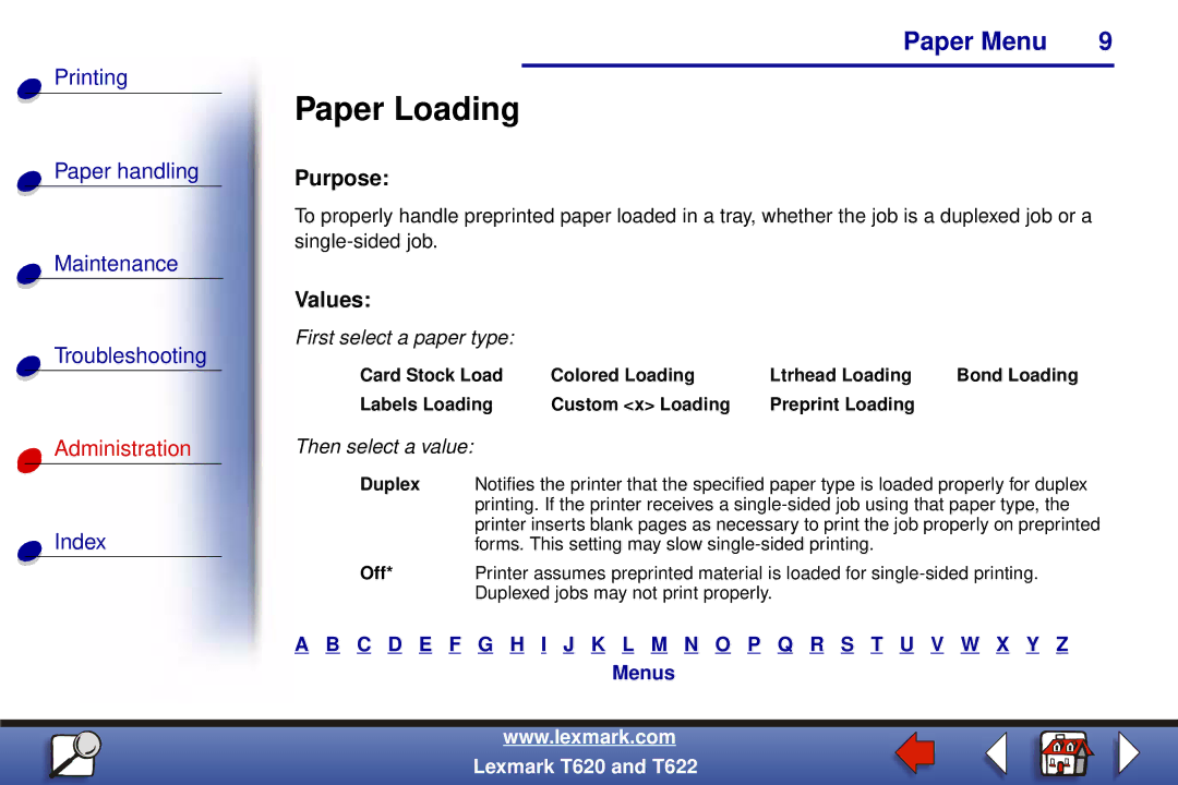 Lexmark T622, T620 manual Paper Loading, Duplex, Off 