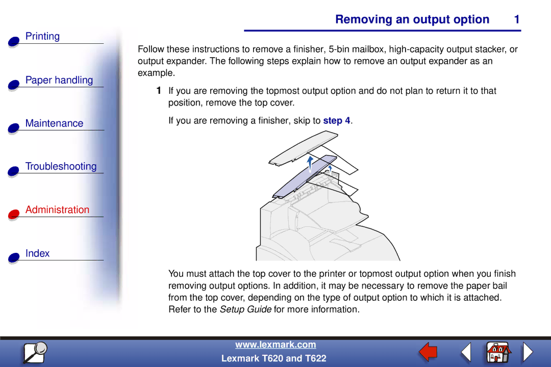 Lexmark T622, T620 setup guide Printing Paper handling Maintenance Troubleshooting, Index 