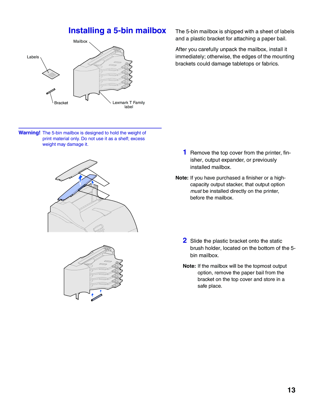 Lexmark T622, T620 setup guide Installing a 5-bin mailbox 