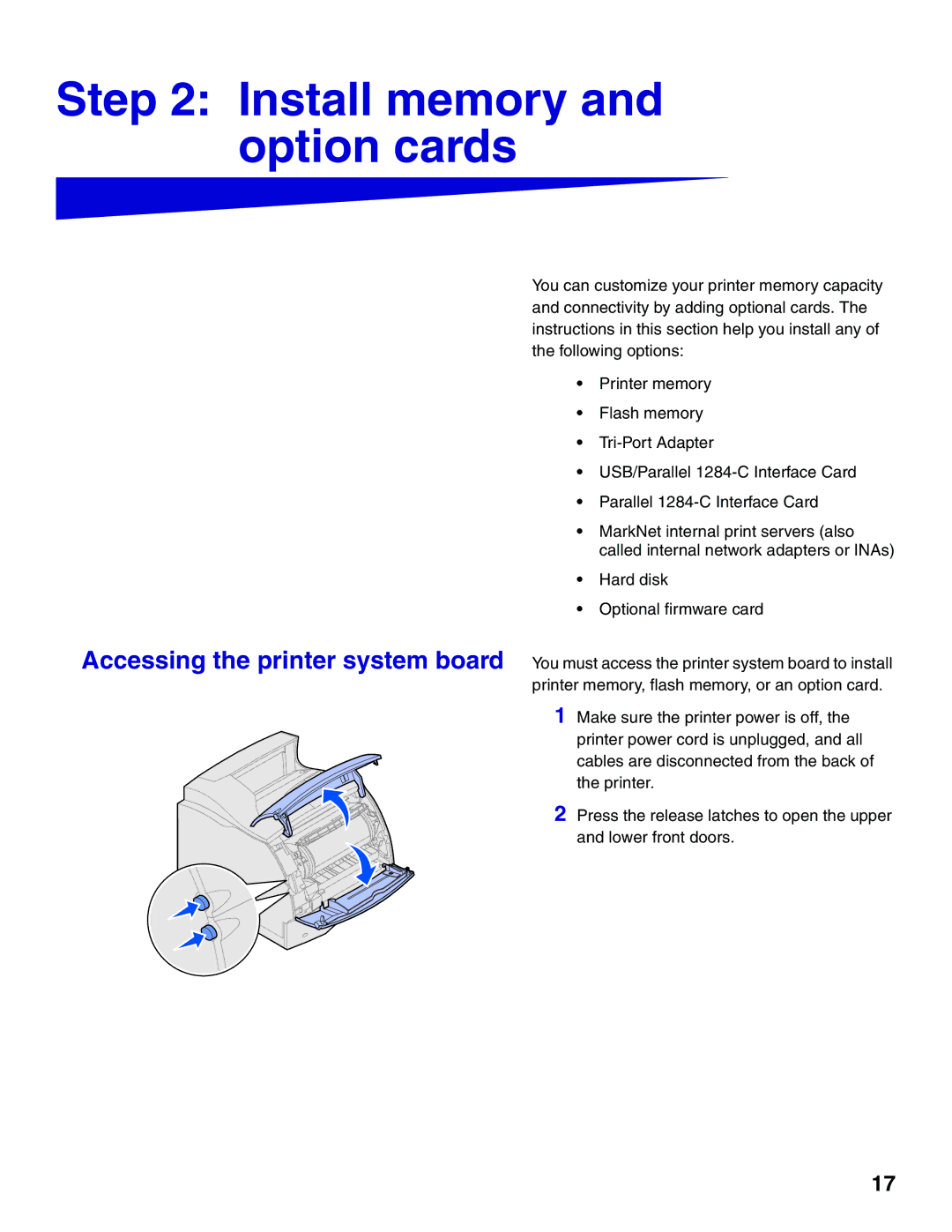 Lexmark T622, T620 setup guide Install memory and option cards 