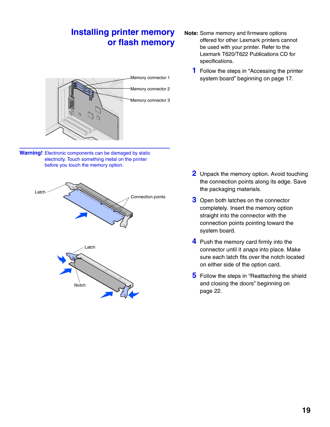 Lexmark T622, T620 setup guide Installing printer memory or flash memory 