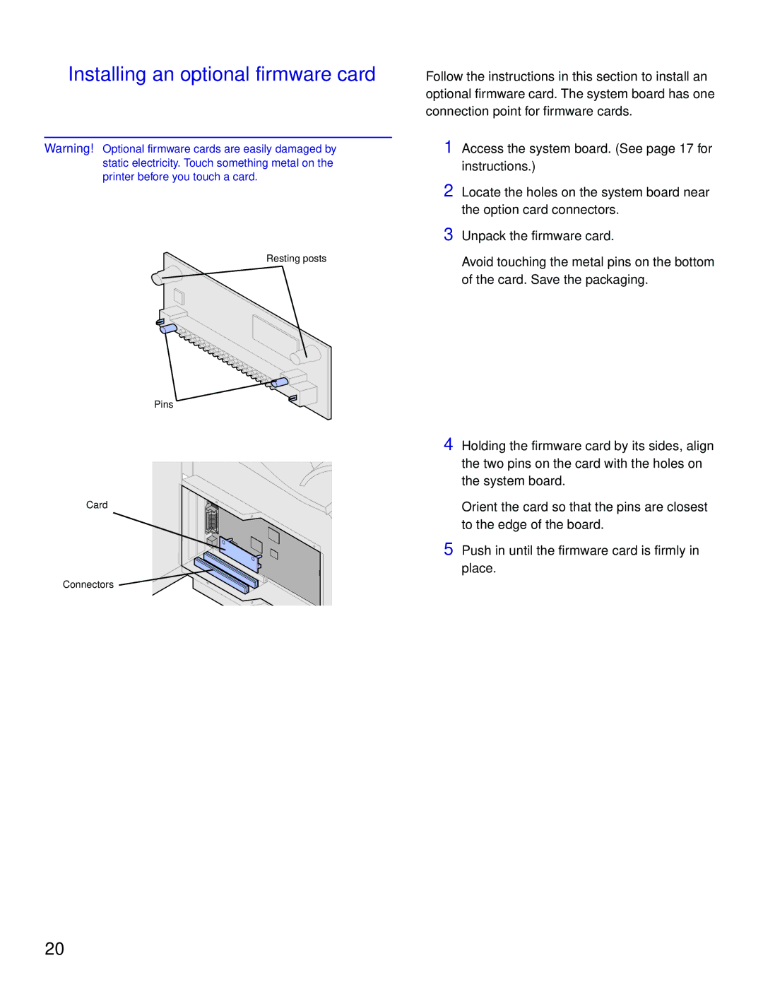 Lexmark T620, T622 setup guide Installing an optional firmware card 