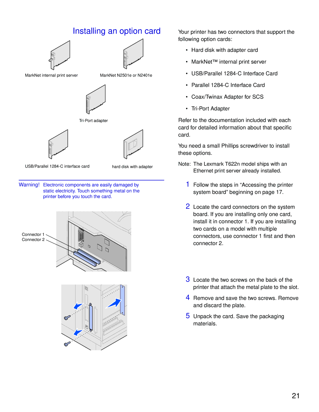 Lexmark T622, T620 setup guide Installing an option card 